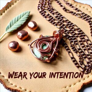 Reversible! Copper Wire Wrap Green Jasper Pendant + 21" Figaro Chain - Handmade